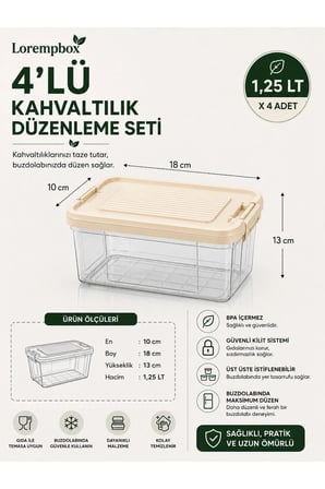4’lü Kahvaltılık Düzenleme Seti 1,25 LT – Kilitli Kapaklı Şeffaf Buzdolabı Organizeri