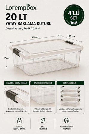 4’lü Yatay Düzenleme Seti 20 LT – Kilitli Kapaklı, İstiflenebilir Çok Amaçlı Saklama Kutusu Krem