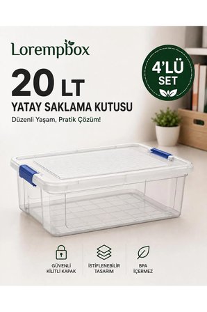4’lü Yatay Düzenleme Seti 20 LT – Kilitli Kapaklı, İstiflenebilir Çok Amaçlı Saklama Kutusu