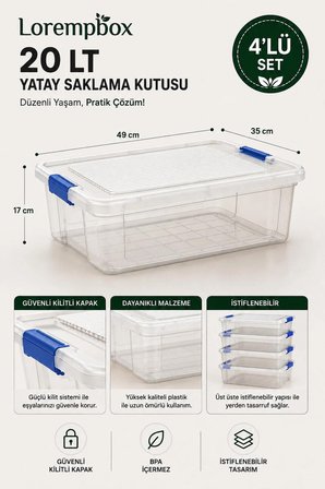 4’lü Yatay Düzenleme Seti 20 LT – Kilitli Kapaklı, İstiflenebilir Çok Amaçlı Saklama Kutusu