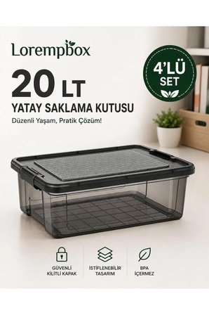 4’lü Yatay Düzenleme Seti 20 LT – Kilitli Kapaklı, İstiflenebilir Çok Amaçlı Saklama Kutusu Antrasit