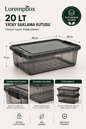 4’lü Yatay Düzenleme Seti 20 LT – Kilitli Kapaklı, İstiflenebilir Çok Amaçlı Saklama Kutusu Antrasit