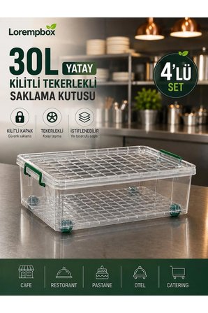 4’lü 30 L Tekerlekli Kilitli Saklama Kutusu – Yatay Şeffaf Düzenleme Seti | Cafe, Restoran, Pastane ve Oteller İçin