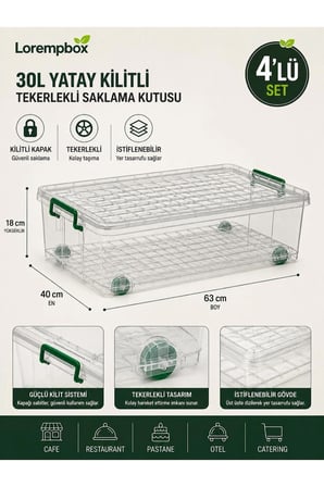 4’lü 30 L Tekerlekli Kilitli Saklama Kutusu – Yatay Şeffaf Düzenleme Seti | Cafe, Restoran, Pastane ve Oteller İçin