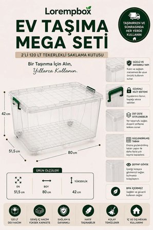 Ev Taşıma Mega Seti | 2 Adet 120 LT Dev Saklama Kutusu | Taşınma ve Uzun Süreli Depolama Çözümü