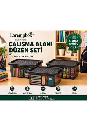 Çalışma Alanı Düzen Seti 3’lü 10 LT Antrasit Saklama Kutusu | Kilitli, İstiflenebilir Çok Amaçlı Düzenleme Kutusu