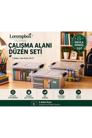 Çalışma Alanı Düzen Seti 3’lü 10 LT Şeffaf Saklama Kutusu | Kilitli, İstiflenebilir Çok Amaçlı Düzenleme Kutusu