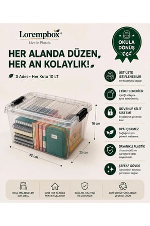 Çalışma Alanı Düzen Seti 3’lü 10 LT Şeffaf Saklama Kutusu | Kilitli, İstiflenebilir Çok Amaçlı Düzenleme Kutusu