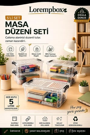 5’li 5 L Masa Düzeni Saklama Kutusu Seti | Kilitli Kapaklı, Şeffaf Düzenleyici Kutu, Kırtasiye ve Hobi Organizeri