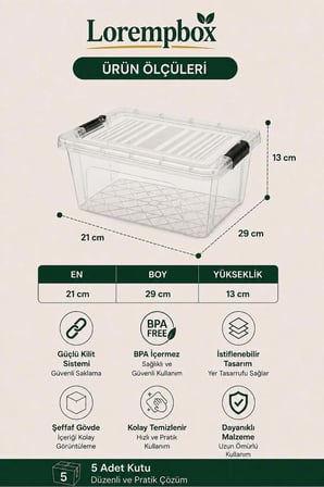 5’li 5 L Masa Düzeni Saklama Kutusu Seti | Kilitli Kapaklı, Şeffaf Düzenleyici Kutu, Kırtasiye ve Hobi Organizeri