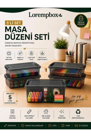 5’li 5 L Masa Düzeni Saklama Kutusu Seti | Kilitli Kapaklı, Antrasit Düzenleyici Kutu, Kırtasiye ve Hobi Organizeri
