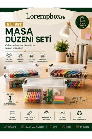 5’li 3 L Masa Düzeni Saklama Kutusu Seti | Kilitli Kapaklı, Şeffaf Düzenleyici Kutu, Kırtasiye ve Hobi Organizeri