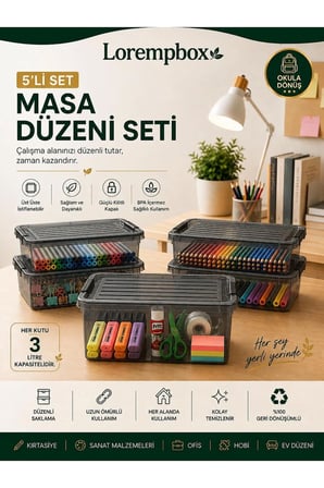 5’li 3 L Masa Düzeni Saklama Kutusu Seti | Kilitli Kapaklı, Şeffaf Düzenleyici Kutu, Kırtasiye ve Hobi Organizeri