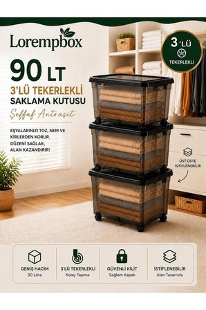90 LT 3’lü Tekerlekli Saklama Kutusu Şeffaf Antrasit | Kilitli Kapaklı Büyük Boy Düzenleme ve Depolama Kutusu