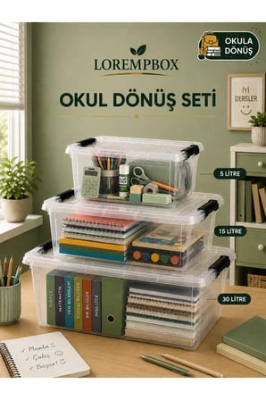 Okul Dönüş Düzenleme Seti 3’lü – 5 L + 10 L + 15 L Şeffaf Saklama Kutusu | Kilitli Kapaklı Kırtasiye ve Ders Kitabı Düzenleyici