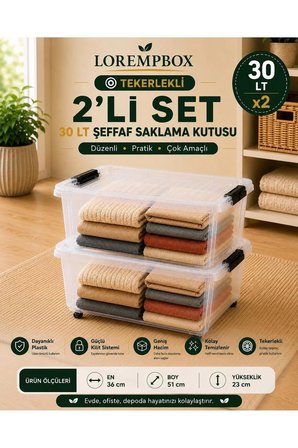 30 LT Tekerlekli Şeffaf Saklama Kutusu 2’li Set