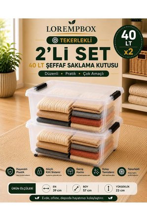 40 LT Tekerlekli Şeffaf Saklama Kutusu 2’li Set