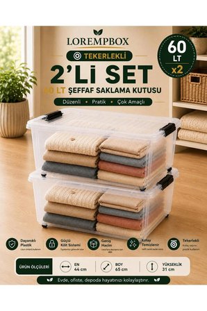 60 LT Tekerlekli Şeffaf Saklama Kutusu 2’li Set