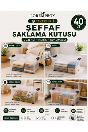 40 LT Tekerlekli Şeffaf Saklama Kutusu | Kilitli Kapaklı Plastik Düzenleme Kutusu | Çok Amaçlı Depolama Organizeri | Tek Adet