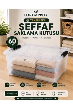 60 LT Tekerlekli Şeffaf Saklama Kutusu | Kilitli Kapaklı Plastik Düzenleme Kutusu | Çok Amaçlı Depolama Organizeri | Tek Adet