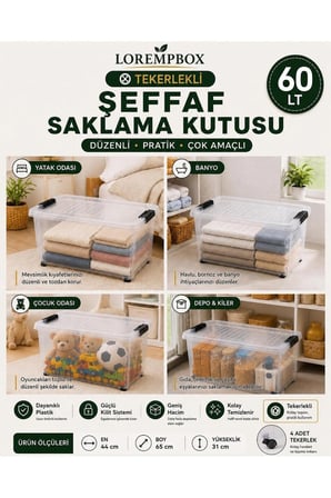 60 LT Tekerlekli Şeffaf Saklama Kutusu | Kilitli Kapaklı Plastik Düzenleme Kutusu | Çok Amaçlı Depolama Organizeri | Tek Adet