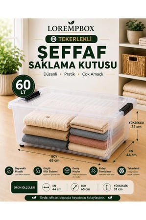 60 LT Tekerlekli Şeffaf Saklama Kutusu | Kilitli Kapaklı Plastik Düzenleme Kutusu | Çok Amaçlı Depolama Organizeri | Tek Adet