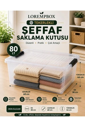 80 LT Tekerlekli Şeffaf Saklama Kutusu | Kilitli Kapaklı Plastik Düzenleme Kutusu | Çok Amaçlı Depolama Organizeri | Tek Adet