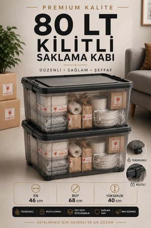Taşınma Kutusu 80 LT Tekerlekli Üst Üste İstiflenebilir Kilitli Kutu 2 Adet