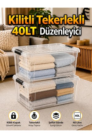 2 Ad. 40 LT Tekerlekli Şeffaf Saklama Kutusu Kilitli Kapaklı Büyük Boy Depolama ve Düzenleyici Kutu
