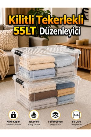 2 Ad. 55 LT Tekerlekli Şeffaf Saklama Kutusu Kilitli Kapaklı Büyük Boy Depolama ve Düzenleyici Kutu