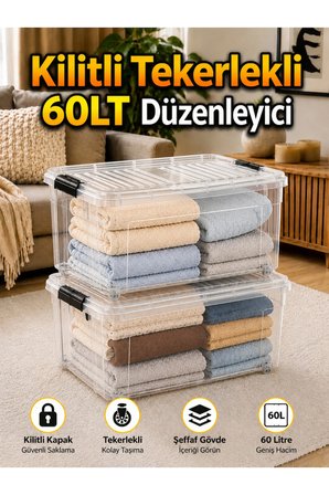2 Ad. 60 LT Tekerlekli Şeffaf Saklama Kutusu Kilitli Kapaklı Büyük Boy Depolama ve Düzenleyici Kutu