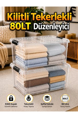 2 Ad. 80 LT Tekerlekli Şeffaf Saklama Kutusu Kilitli Kapaklı Büyük Boy Depolama ve Düzenleyici Kutu