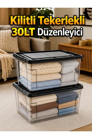 2 adet 30 LT Kilitli Kapaklı Şeffaf Saklama Kutusu | Orta Boy Düzenleyici Depolama Kutusu