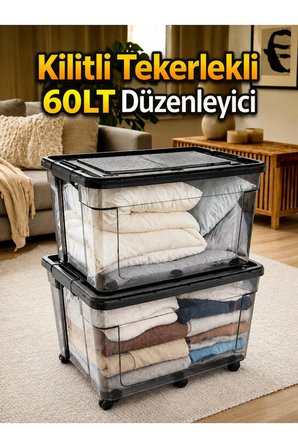 2 adet 60 LT Kilitli Kapaklı Şeffaf Saklama Kutusu | Büyük Boy Düzenleyici Depolama Kutusu