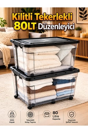 2 Adet 80 LT Kilitli Kapaklı Şeffaf Saklama Kutusu | Büyük Boy Düzenleyici Depolama Kutusu
