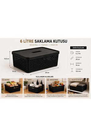 3’lü Saklama Kutusu 6 Litre Kapaklı Çok Amaçlı Düzenleyici Kutu Siyah