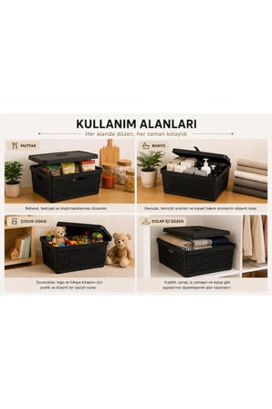 3’lü Saklama Kutusu 12 Litre Kapaklı Çok Amaçlı Düzenleyici Kutu Siyah 35,5x24x16,5 cm