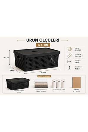 3’lü Saklama Kutusu 12 Litre Kapaklı Çok Amaçlı Düzenleyici Kutu Siyah 35,5x24x16,5 cm