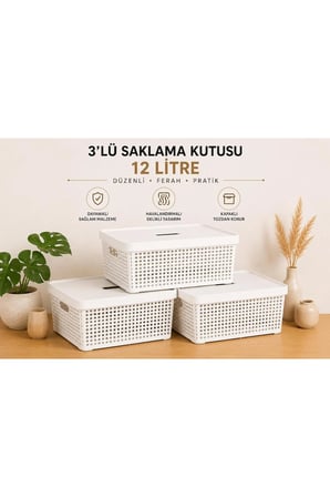 3’lü Saklama Kutusu 12 Litre Kapaklı Çok Amaçlı Düzenleyici Kutu Beyaz 35,5x24x16,5 cm