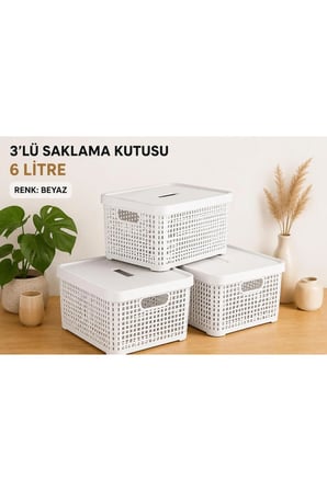 3’lü Saklama Kutusu 6 Litre Kapaklı Çok Amaçlı Düzenleyici Kutu Siyah 29x19x12,5 cm