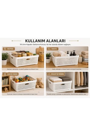 3’lü Saklama Kutusu 18 Litre Kapaklı Çok Amaçlı Düzenleyici Kutu Beyaz 39,5x29x18,5 cm