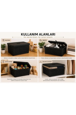 3’lü Saklama Kutusu 18 Litre Kapaklı Çok Amaçlı Düzenleyici Kutu Siyah 39,5x29x18,5 cm