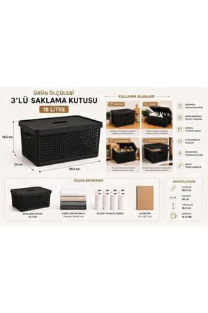 3’lü Saklama Kutusu 18 Litre Kapaklı Çok Amaçlı Düzenleyici Kutu Siyah 39,5x29x18,5 cm