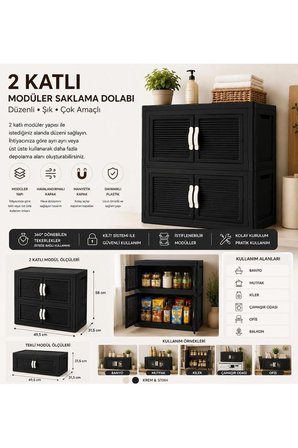 2 Katlı Modüler Plastik Saklama Dolabı Kapaklı Düzenleyici Dolap