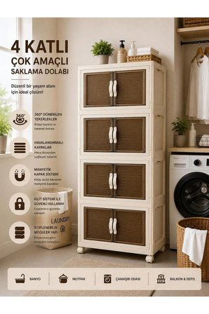 4 Katlı Çok Amaçlı Plastik Saklama Dolabı Tekerlekli Kapaklı Düzenleyici Krem Rengi