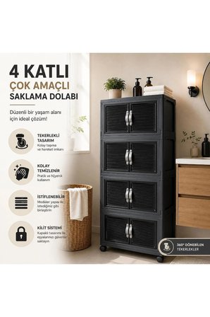 4 Katlı Çok Amaçlı Plastik Saklama Dolabı Tekerlekli Kapaklı Düzenleyici Dolap Siyah