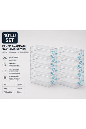 10' lu Set Erkek Ayakkabı Saklama Kutusu Şeffaf Kapaklı İstiflenebilir Ayakkabı Düzenleyici Organizer