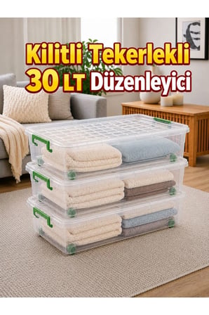 3’lü Set 30 LT Kilitli Tekerlekli Saklama Kutusu Şeffaf Yatak Altı Düzenleyici Kutu 63x40x18 cm