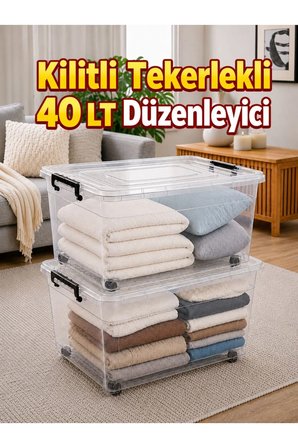 2’li Set 40 LT Kilitli Tekerlekli Saklama Kutusu Şeffaf Düzenleyici Depolama Kutusu