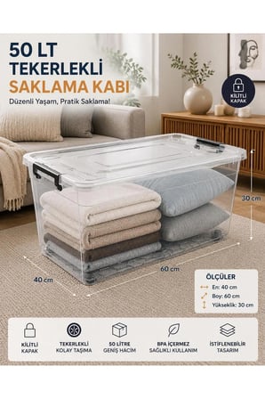 50 Litre Tekerlekli Kilitli Şeffaf Saklama Kutusu – Büyük Boy Depolama ve Düzenleme Kabı 2 Adet